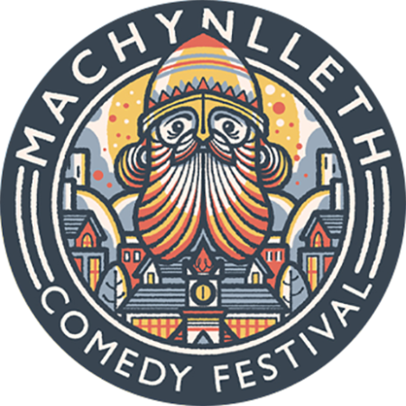 Circular logo for Machynlleth Comedy Festival featuring an illustrated bearded figure and buildings.