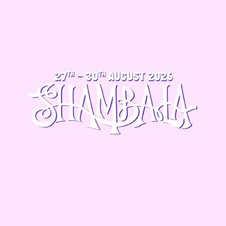 Shambala logo with dates 27th–30th August 2023 on a pink background.