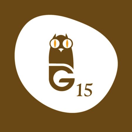 Stylized owl logo with the letters G and 15 on a brown and white background.