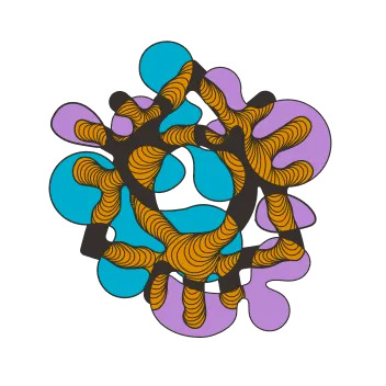 Abstract circular logo with teal, purple, and orange elements